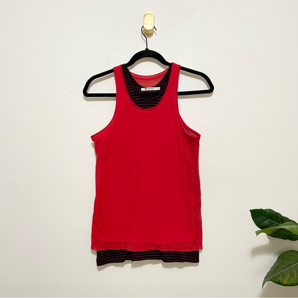 T by Alexander Wang Red Navy Blue Scoop Neck Racerback Layered Linen Tank Top